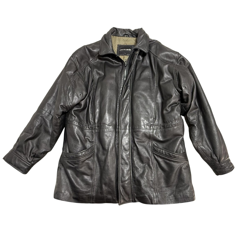 Pierre Cardin Coat Mens‎ Large Black Leather Overcoat Quilted Lined Zip Front